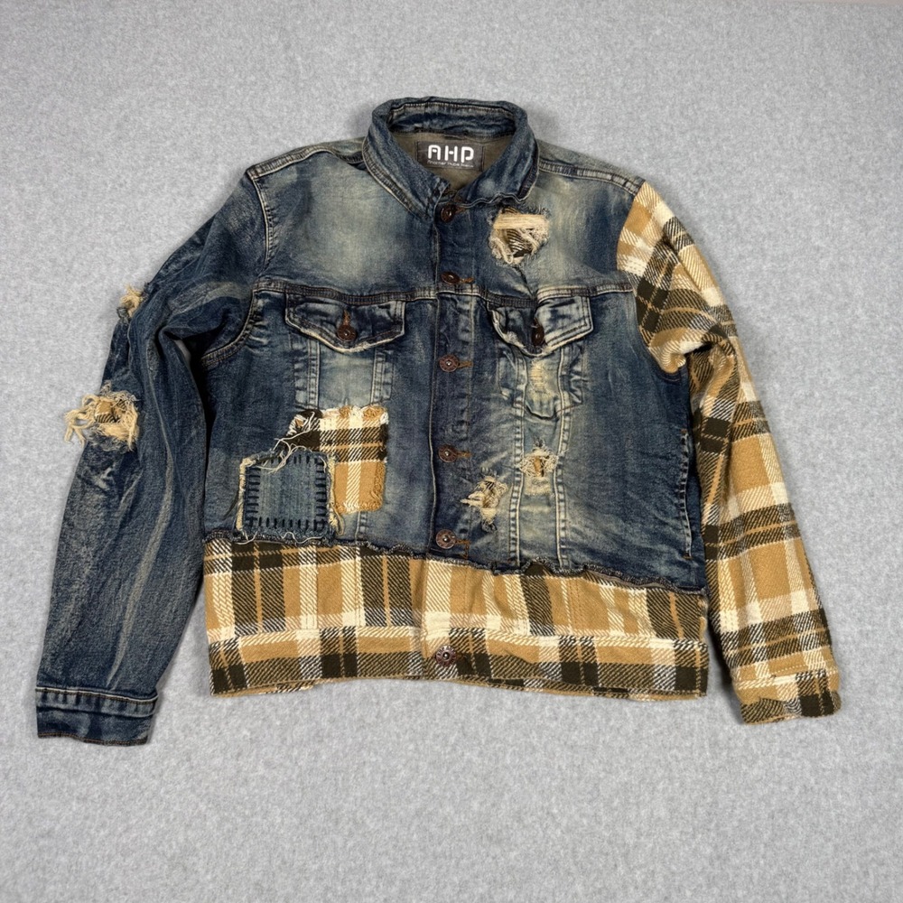 Another Hype Piece Distressed Grunge Denim Plaid Hybrid Trucker Jacket Medium